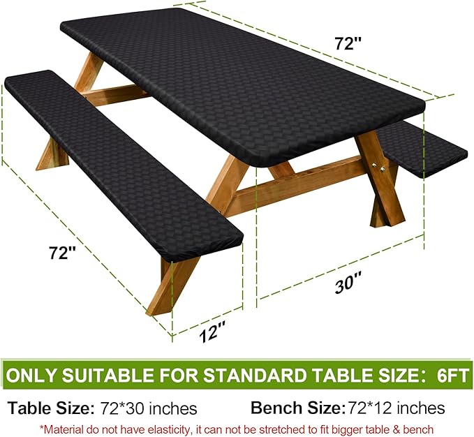 Picnic Table Cover with Bench Covers Camping Essentials Waterproof Windproof Camping Tablecloth with Drawstring Bag, Fitted Rectangle Tables and Seats, 72in, Black