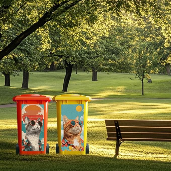 2PC Trash Can Sticker 14.57 x 32.28 Inch Cool Cat Design Summer Beach Theme Decorative Garbage Bin Cover Outdoor Trash Can Decal Art for Home Yard Garden Holiday Decoration