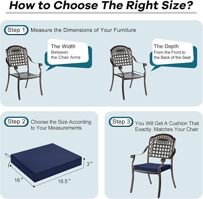 Basic Beyond Outdoor Chair Cushions Set of 2, Square Corner Outdoor Cushions for Patio Furniture, Water Resistant Patio Chair Cushions with 2 Ties, 18.5x16x3, Navy