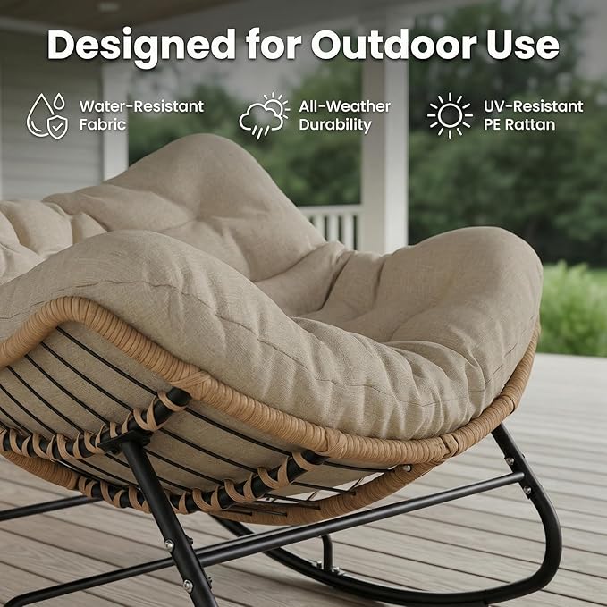 SWITTE Outdoor Rocking Chair, Oversized Patio Papasan Rocker, Comfy Wicker Reading Lounge, Indoor Egg Chair for Bedroom, Living Room, Porch, Garden, Lawn-Cream