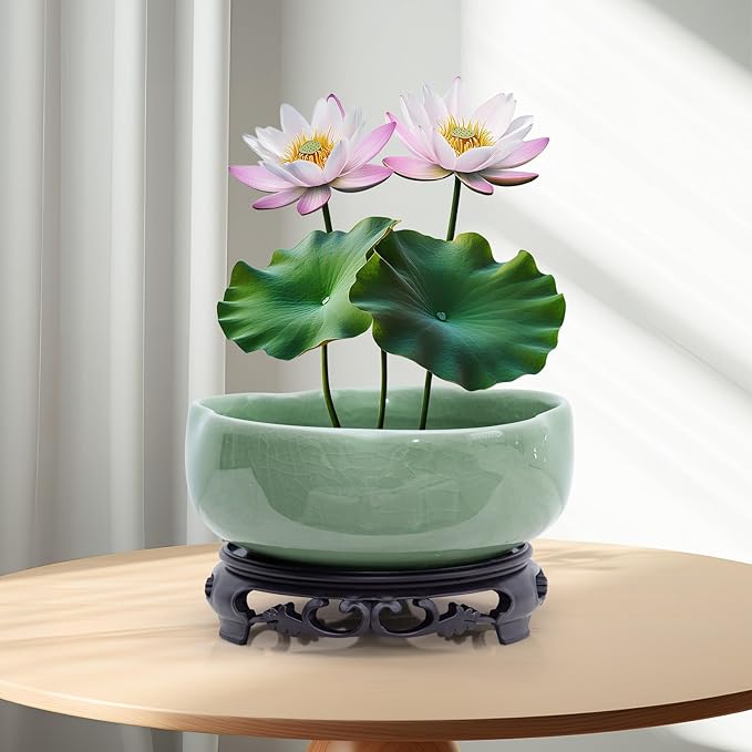 Green Ceramic Planters with Plastic Tray: 7.5" Hole-Free Lotus Bowl Planter for Hydroponic Water Lilies | Indoor/Outdoor Artistry Ice Crack Glaze Decorative Planter