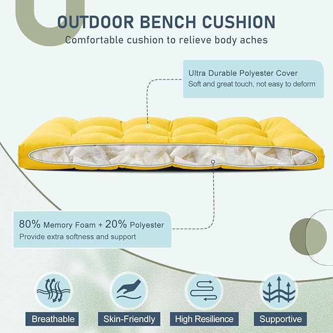 downluxe Outdoor Bench Cushion for Patio Furniture, Waterproof Tufted Overstuffed Porch Swing Cushions, Thick Outdoor Loveseat Cushions, 44" X 19" X 5", Yellow, Set of 1