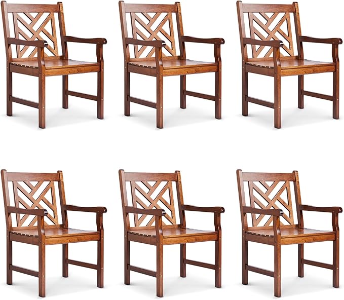 VINGLI Outdoor Dining Chairs Set of 6, Heavy Duty 330 LBS Wooden Patio Chairs with Comfortable Backrest, Solid Wood Patio Dining Chairs Garden Chairs for Yard, Front Porch and Deck (Teak, 6 PCS)
