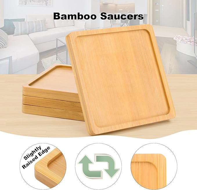 Cosmos 4 Pcs Bamboo Plant Saucer Succulent Pot Holder Drainage Tray with Raised Edge for 3.5 Inch Small Plant Flower Pots (Square Shape)