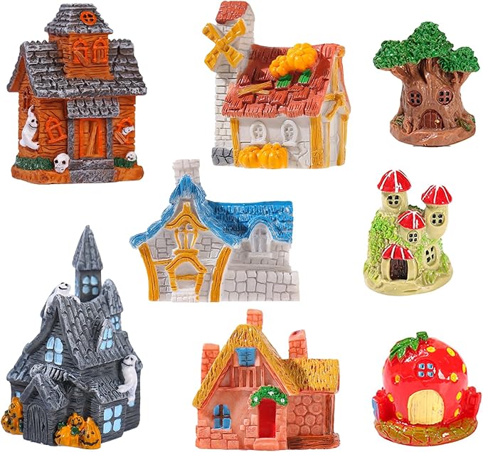 8 Piece Miniature Fairy Garden House,Mini Cottage House,Fairy Accessories for DIY Micro Landscapes, Miniature Figurines for Plant Pots, Mini Outdoor Decor, Terrarium & Home Display