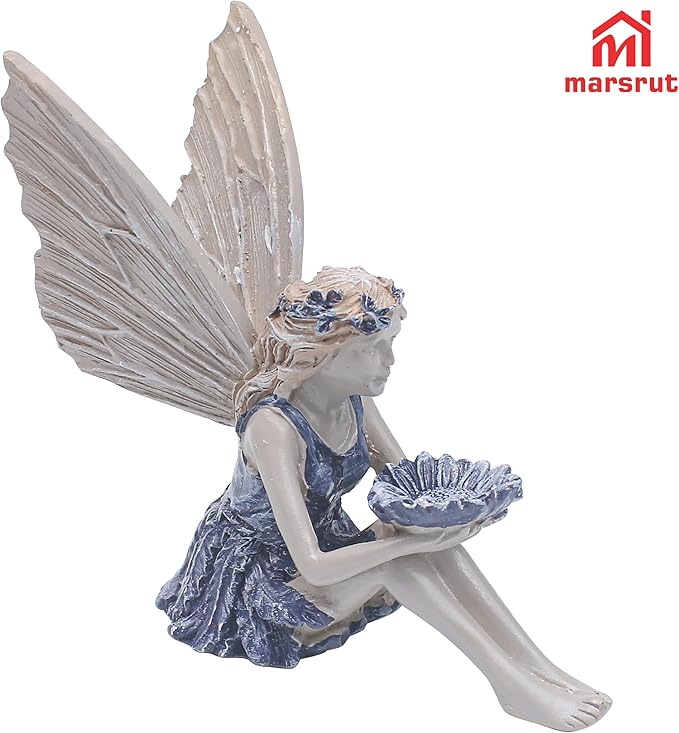 Marsrut Polyresin Sunflower Fairy Garden Statue - Sitting Angel Figurines with Bird Feeder | Decoration for Large Lawn, Bath, and Yard Outdoor Clearance (Size: 5.7 x 5.3 x 2.8)