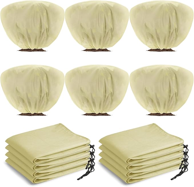 12 Pcs Winter Plant Covers Freeze Protection 39.4x23.6 Inch Horizontal Shrub Tree Rose Plant Protection Bags Frost Blanket with Drawstring for Fall Winter Outdoor Garden Planting (Beige)