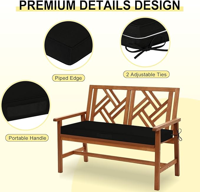 downluxe Outdoor Bench Cushion Waterproof, 59 x 18 Inch Patio Furniture Cushions with Adjustable Ties & Portable Handle, Porch Swing Cushions, Bench Cushions for Outdoor Furniture, Black