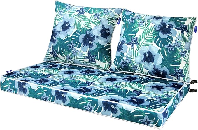 Outdoor Loveseat Cushion Set 44'' x 24'', Outdoor Cushions for Patio Furniture with Fastness Cover, Water Repellent Outdoor Seat Cushion and Couch Back Cushions for Bench, and Swing (Blue Flowers)