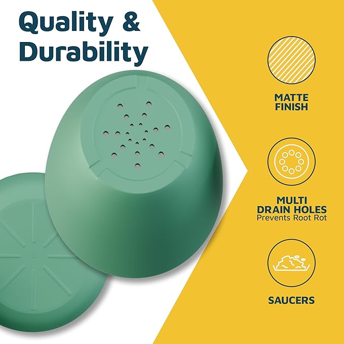 Multicolor Plant Pots with Drainage Holes & Saucers 3 Pack, Indoor & Outdoor Stackable Space-Saving Planters for Houseplants & Flowers, (7", 6.7", and 6" Inches), Durable & Weatherproof Materials