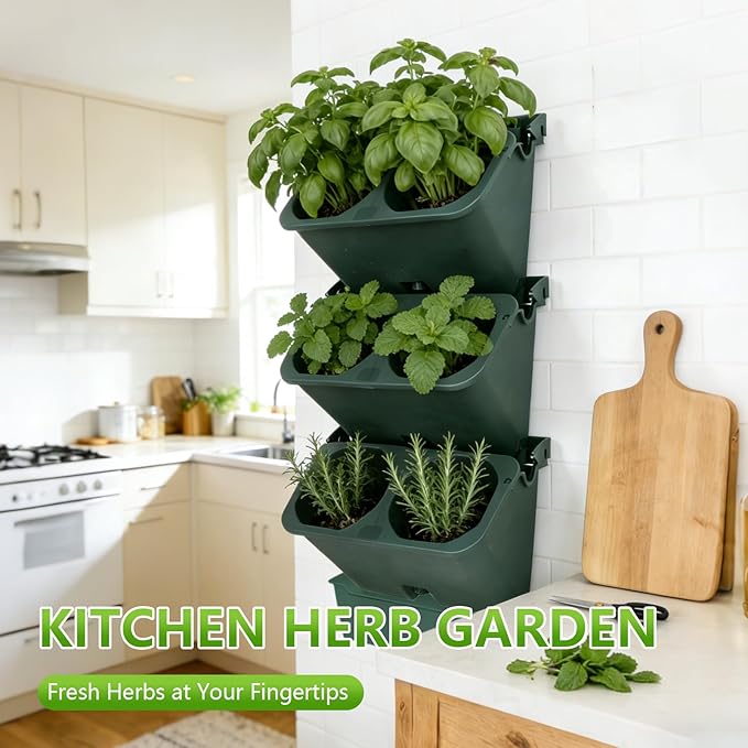 3-Tiers Vertical Wall-Mounted Planter with 6 Pots Vertical Garden Living Wall Planter Indoor Self-Watering Soil-Water Separation Stackable Plastic Planter for Herb Vegetable Flower Succulent (Green)