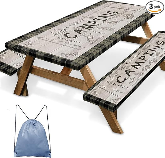 Picnic Table Cover with Bench Covers Elastic Edges, Brown Camper Fitted Table Cover, Outdoor Patio Camping Essentials 72 Inch 3PCS, Waterproof Camping Fitted Tablecloth with Drawstring Bag
