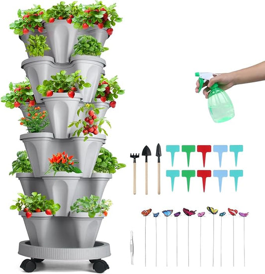 GameXcel Vertical Planter, 6 Tier Stackable Strawberry Planter with Garden Tool Set, Movable Indoor/Outdoor Garden Herb Pot for Growing Vegetables and Succulents, Gray