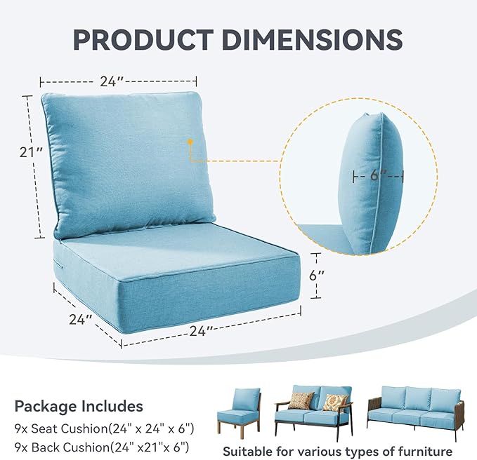 Outdoor Cushion Set for Furniture Patio Furniture, UV Resistant, Water Resistant - 6 Inch Thick Foam Garden Cushions– 24x24 Inch Patio Seat Covers for Chair/Sofa/Couch | Light Blue | 9-Pack |
