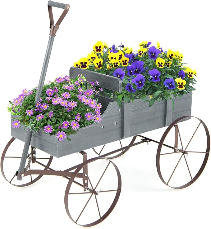 Wooden Wagon Planter with Wheels, Indoor/Outdoor Flower Cart w/Dual-Compartment & Adjustable Handle, Decorative Garden Planter for Home, Yard, Wedding (Grey)