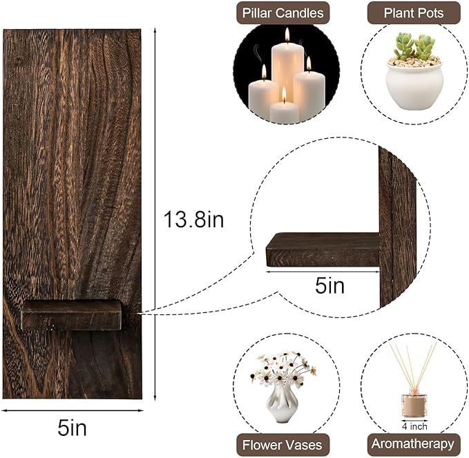 Wood Wall Planter Set of 2, Wooden Wall-Mounted Vase with Shelf for Plants & Candles, Farmhouse Hanging Wall Decor for Living Room, Bedroom, Bathroom, Entryway, Narrow Spaces, 13.8" x 5"