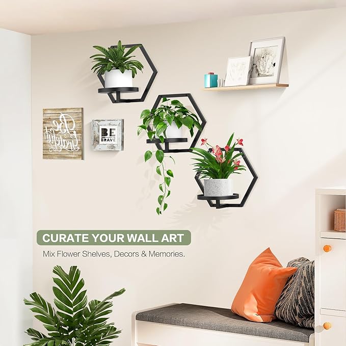 3 Packs Wall Planters for Indoor Plants, JOPBENG 7.9inch Metal Wall Plant Holder Hanger Wall Decor, Wall-Mounted Hanging Planters Window Plant Shelves Outdoor(Black)