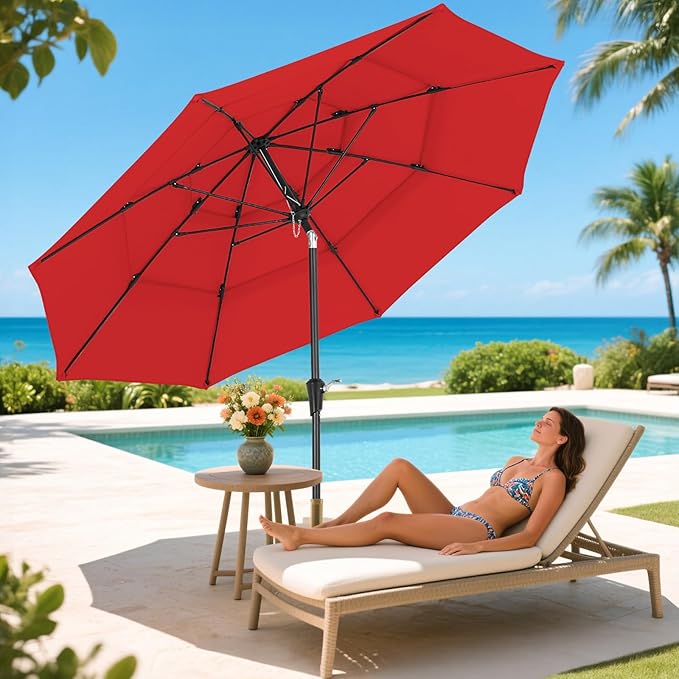 9 FT Outdoor Patio Umbrella, 3 Tier Market Table Umbrella with 8 Sturdy Fiberglass Ribs and 1.5’’ Pole, Smooth Button Tilt Patio Umbrella for Backyard Pool Garden, Red(No Base)
