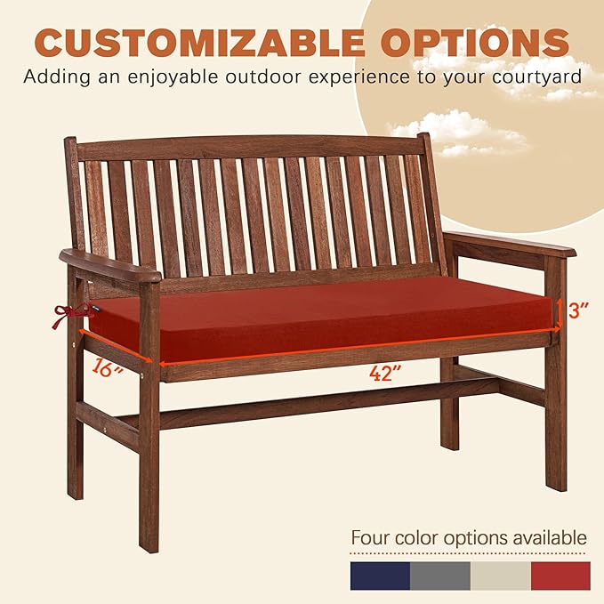 Favoyard Outdoor Bench Cushion 42 x 16 Inch Rainproof Patio Furniture Cushions 3-Year Color Fastness Garden Settee Porch Pads with Ties, Red