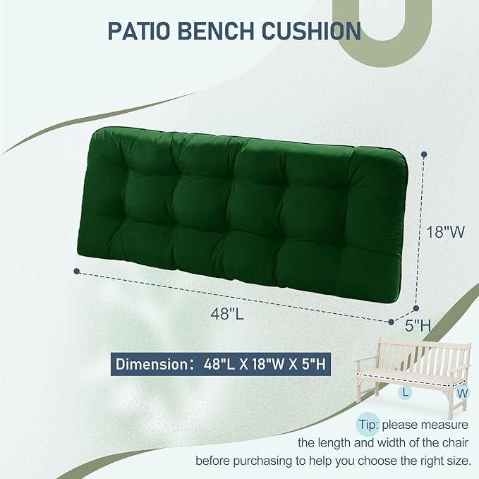 downluxe Outdoor Bench Cushion for Patio Furniture, Waterproof Tufted Overstuffed Porch Swing Cushions, Thick Outdoor Loveseat Cushions, 48" X 18" X 5", Forest Green, Set of 1