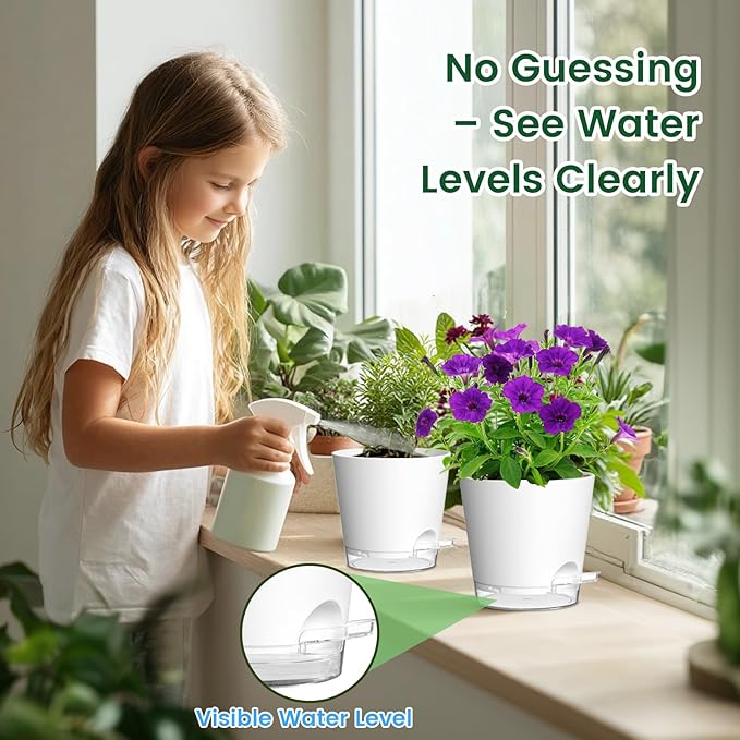 8 inch Self Watering Pots for Indoor Outdoor Plants, 2 Pack Flower Plant Pots with Drainage Holes & Clear Reservoir for Visible Water Level, Plastic Wicking Planters for House Plants, White