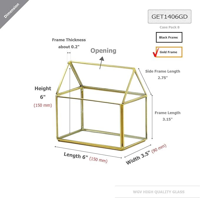 WGV Geometric Planter Terrarium Bulk, Width 6" x 3.5" Height 6" Clear Glass Gold Frame DIY Succulent air Plant Miniature Fairy Garden Windowsill Tabletop Decor, House 8 Pieces