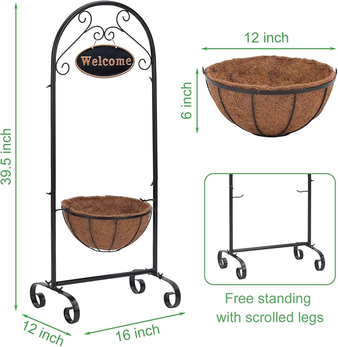 BAYN Metal Welcome Planter Basket Stand with Coco Liner, 39.5” Hanging Planter Stand with Decorative Welcome Sign Outdoor Decor for Garden, Patio, Deck, Entry and Front Porch
