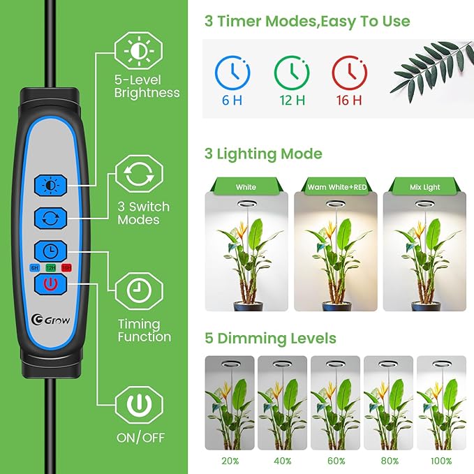 Plant Grow Light, 80LED Growing Light Full Spectrum for Indoor Plants, Height Adjustable 10"-65", Auto Timer 6/12/16H, 3 Optional Spectrums, Idea for Large Plant Light, 5V, Black, 1 Pack