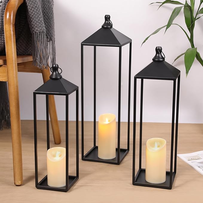 22'' 19'' 17'' Lanterns Decorative Outdoor Indoor, Set of 3 Black Metal Candle Lanterns Christmas Lanterns Modern Farmhouse Floor Lantern Decor for Room, Porch, Mantle, Patio, Garden