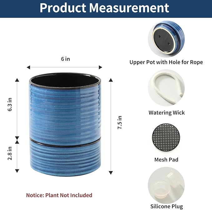 HASENSE Ceramic Self Watering Pots for Indoor Plant, 6 Inch Planter with Drainage Hole & Water Storage Saucer for Indoor & Outdoor Plants, Reactive Glaze Blue