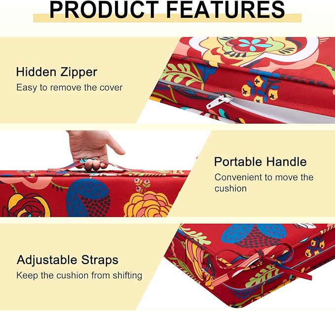 downluxe Outdoor Chair Cushions Set of 4, Waterproof 19" x 19" x 3" Patio Chair Cushion with Non-Slip Ties & Handle, Square Outdoor Cushion for Patio Furniture with Removable Cover, Sonia Scarlet