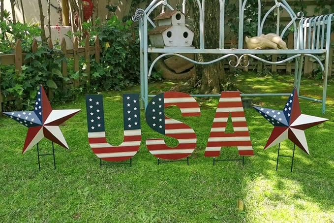 Veclotch 4th of July Metal USA Letter Yard Sign Outdoor Lawn Decor, American Flag USA Letter Patriotic Outdoor Stake for July 4th