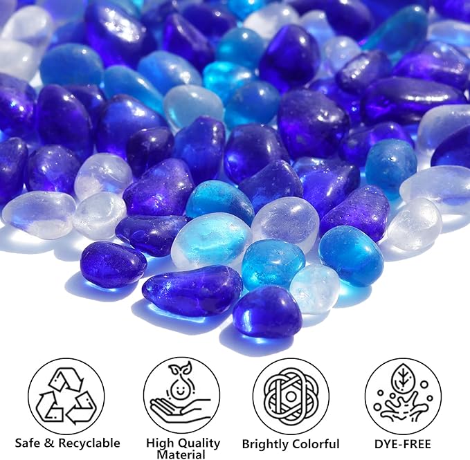 Sea Glass Stones - Blue Mixed Clear Glass Pebbles Gemstones - Perfect for Aquarium Rocks, Fish Tank Gravel, Vase Fillers, DIY Crafts, and Home Decor (0.9LB/14oz)