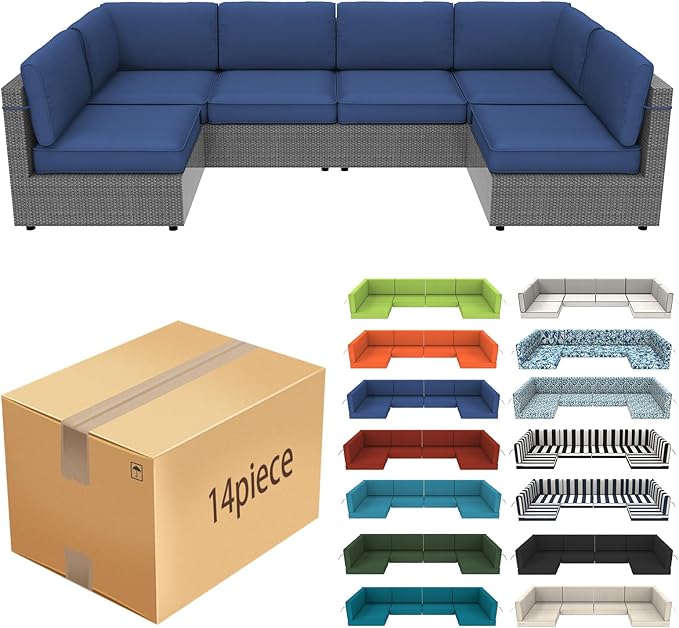 14 Pcs Outdoor Replacement Cushions for Patio Furniture, All Weather Water Resistant Cushion for 6 Seat Rattan Wicker Sectional Patio Conversation Sets and Couch (Light Blue)