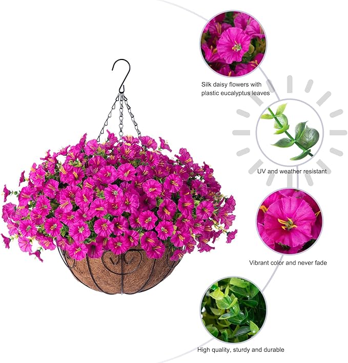 Artificial Faux Hanging Flowers Plants Basket for Outdoors Spring Decoration, UV Resistant Fake Silk Morning Glory in Planter Look Real for Outside Porch Patio Balcony Yard Garden Outdoor Decor