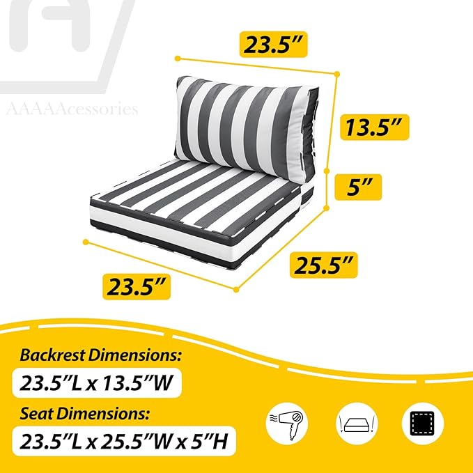 AAAAAcessories Outdoor Deep Seat Cushions, Waterproof, Fade-Resistant Patio Furniture Replacement Cushions, 23.5" x 25.5" x 5" + 23.5" x 13.5", Set of 2, Gray Cabana Stripe
