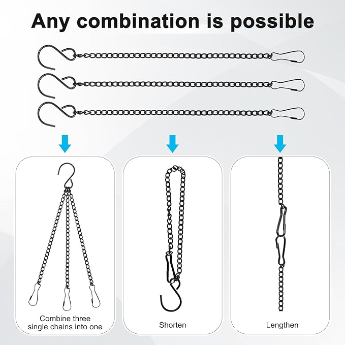 10-Pack Chain for Hanging Plants, 25cm(10 Inch) Adjustable Hanging Chain with Clips for Bird Feeder/Planter/Lantern/Wind Chime, Iron Basket Extender Hanger [Black]