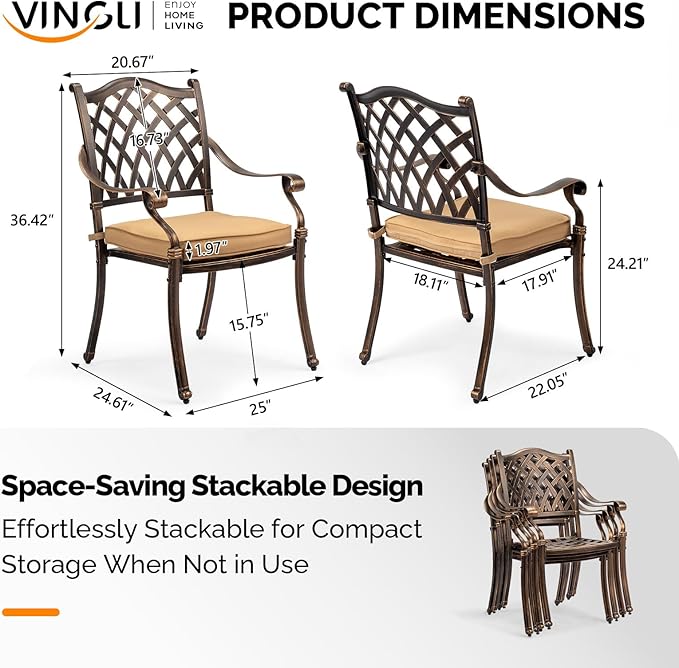 VINGLI Patio Chairs Set of 2 - Stackable Outdoor Cast Aluminum Dining Chairs with Vintage Bronze Finish and Diamond Pattern, Metal Armchairs for Poolside, Backyard, Balcony (with Cushion)