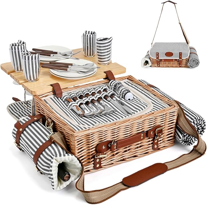 Multifunctional Wicker Picnic Basket Set for 4 with Blanket and Picnic Table, Insulated Picnic Set with Full Tablewares for Camping Outdoor Couples, Stripes