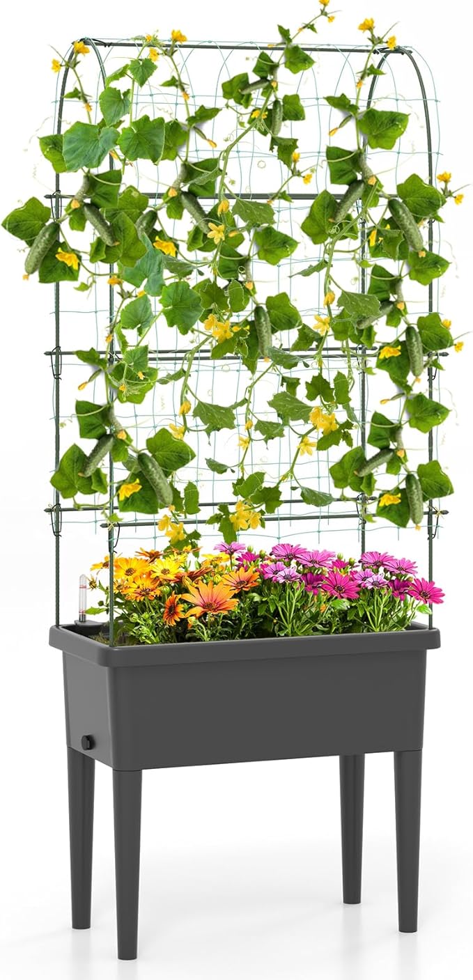 Happygrill Raised Garden Bed with Trellis, 4 in 1 Self-Watering Planter w/Water Level Observer, Drainage Holes, Climbing Net & Detachable Legs, Garden Cucumber Planter for Vegetables Flowers
