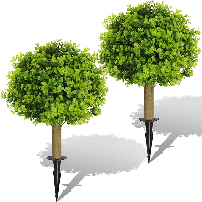 Set of 2 Artificial Boxwood Topiary Ball Bush for Outdoor with Spike,UV Resistant Faux Boxwood Ball Tree with Stake,Weatherproof Fake Round Topiary Shrub Plant for Front Porch Planter