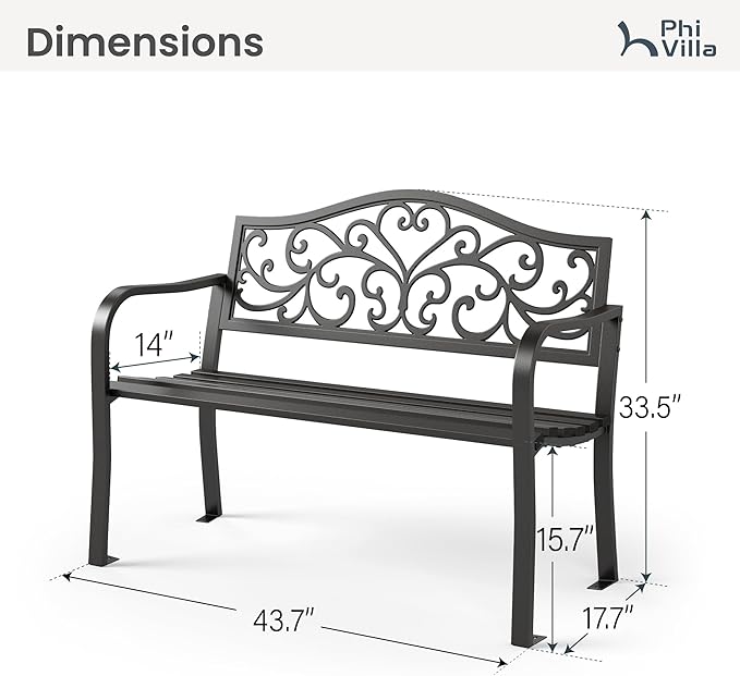 PHI VILLA 43 Inch Cast Iron Steel Frame Outdoor Garden Bench, Patio Furniture Chair Bench w/Floral Design Backrest, Slatted Seat for Park, Yard, Porch - Black