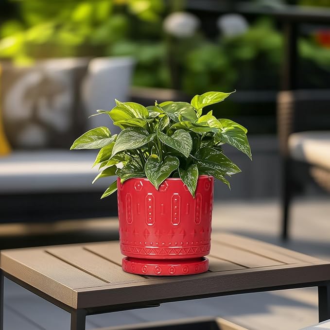 6 Inch Plant Pot, Ceramic Flower Pots for Indoor Outdoor Plants, Round Pots for Plants with Drainage Hole and Tray, Boho Decorative Planter, Kitchen Decor, Gardening Gifts for Women, Red