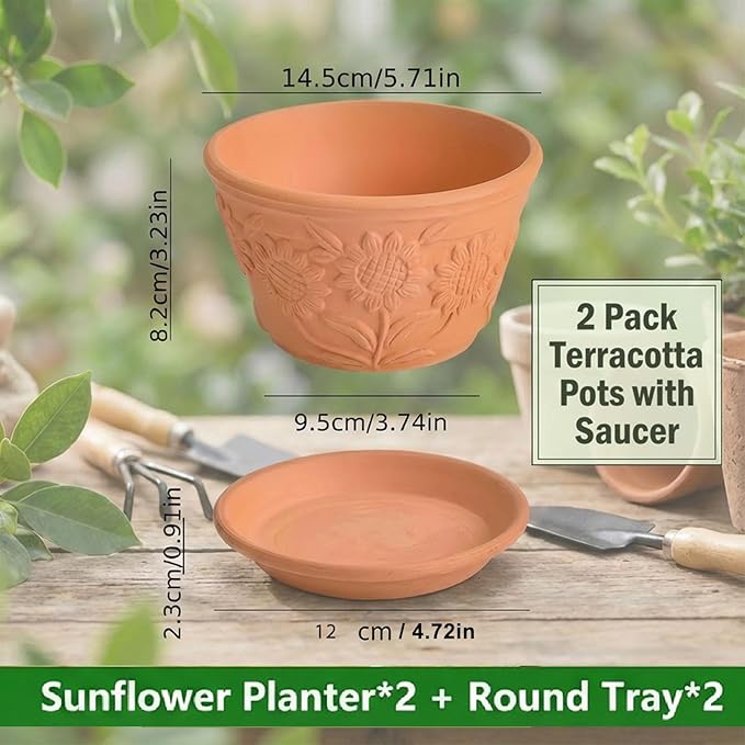 2 Pack Terracotta Plant Pots with Saucers, Boho Clay Flower Pots with Drainage, Lightweight Breathable Shallow Planters for Succulents, Cactus, Herbs & Indoor Outdoor Plants, Sunflower Embossed Design
