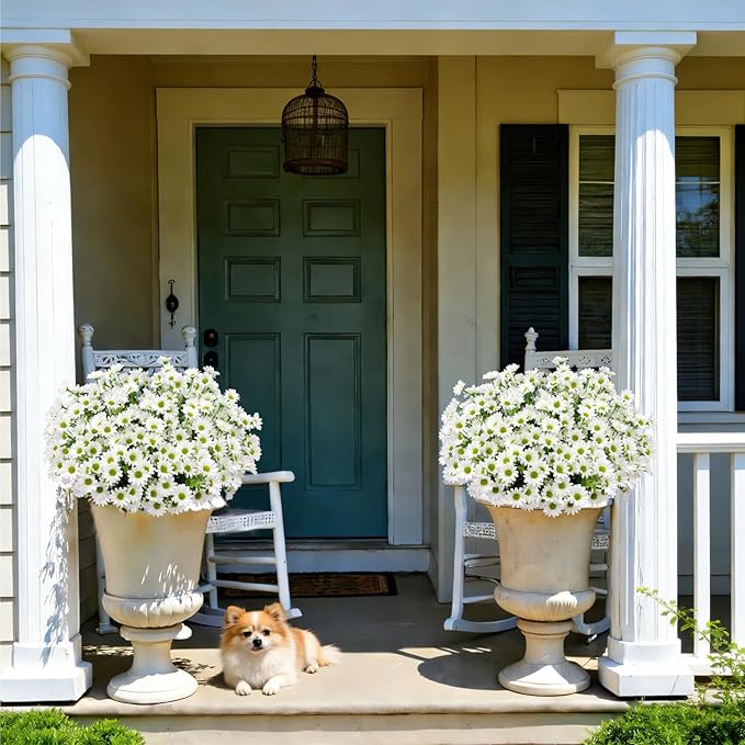 16 Bundles Silk Daisy Artificial Flowers for Outdoors UV Resistant Fake Daisies Plastic Plants Flower for Home Outside Front Door Porch Garden Patio Planters Decoration (White)
