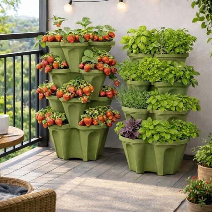 Vertical Garden Planter 4 Tier Stackable System 16 Plants, Space Saving Herb, Strawberry & Food Crop Planter with Center Support Hole for Indoor Outdoor Gardening (8, Sagebrush Green, Small)