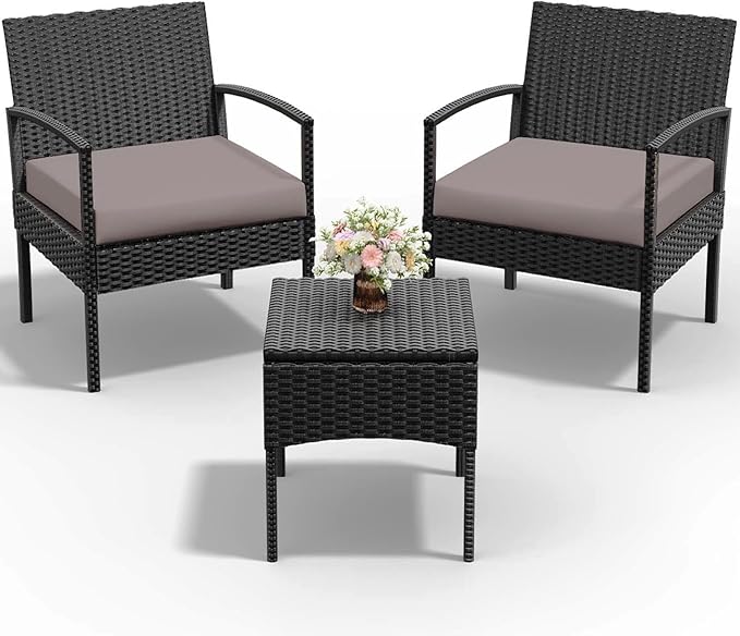 PROHIKER 3 PCS Patio Rattan Conversation Chairs Set, Outdoor Patio Furniture Balcony Furniture Set, Wicker Patio Bistro Set for Garden Porch Balcony Yard, Brown