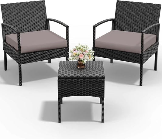 PROHIKER 3 PCS Patio Rattan Conversation Chairs Set, Outdoor Patio Furniture Balcony Furniture Set, Wicker Patio Bistro Set for Garden Porch Balcony Yard, Brown