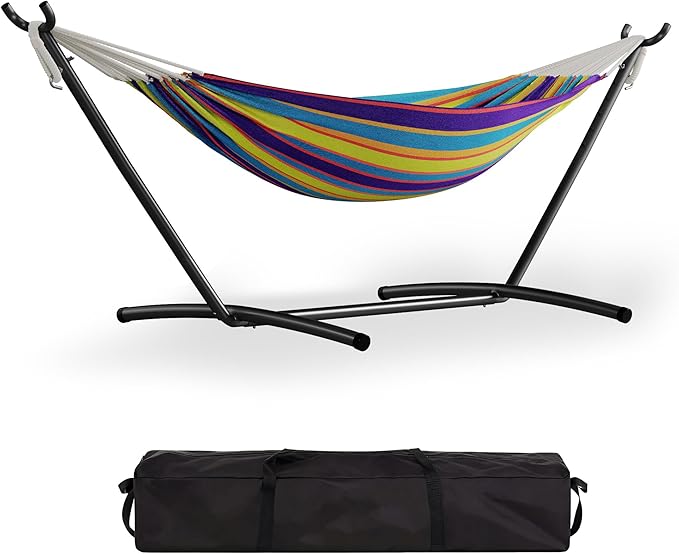GarveeLife Double 2 Person Hammock, Indoor Outdoor Standing Hammock with Space Saving Steel Stand, Carry Bag, 450 LBS Weight Capacity, Suitable for Garden Camping Beach, Tropical