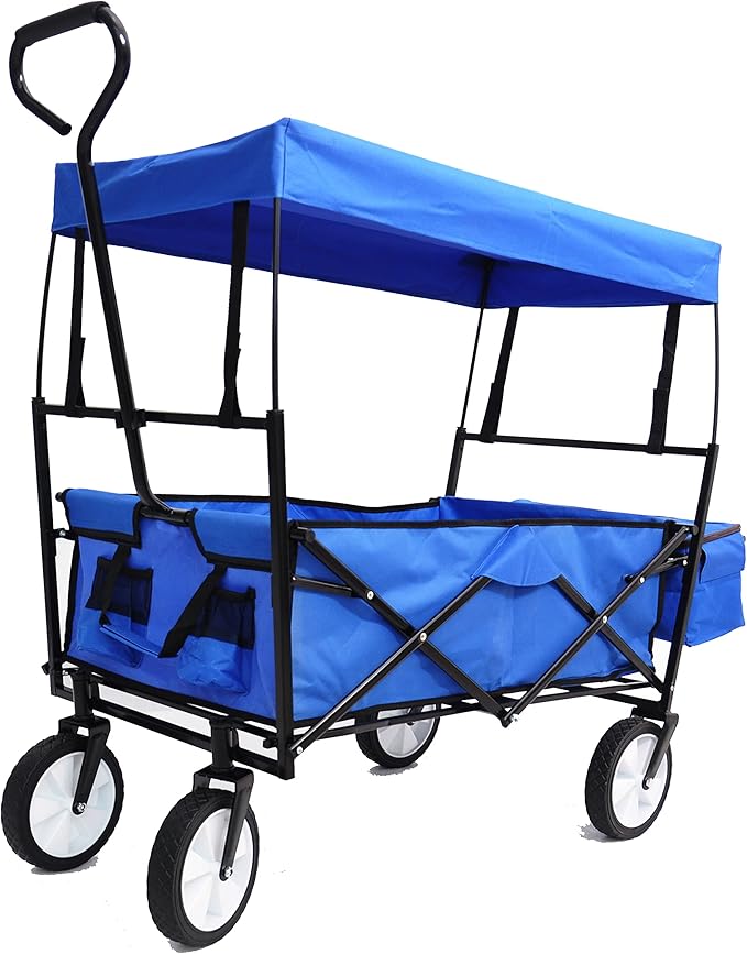 Garden Shopping Beach Cart Folding Wagon with Umbrella Accessories Package for Camping Wagon Camping Outdoor Picnic Beach Blue One Size